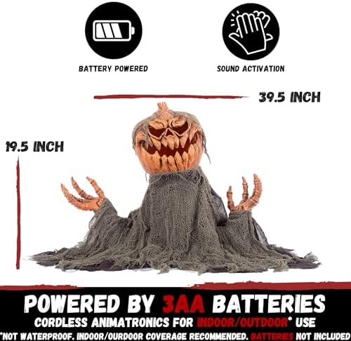 Halloween Animatronics Groundbreaker Pumpkin Decorations with Sound Activated, Creepy Sound, Light Up Eyes, Scary Move, Haunted House Holiday Spooky Decor Horror Prop for Indoor, Outdoor, Yard Lawn