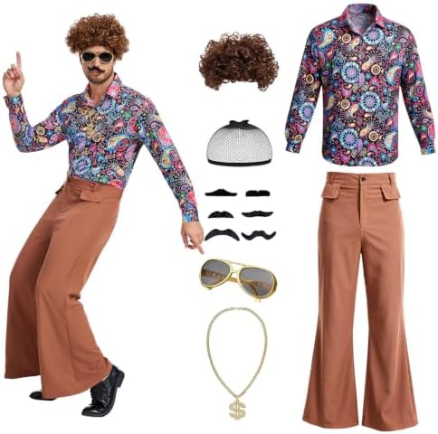 70s Disco Outfit for Men, 7 Pcs Retro Hippie Costume Adults