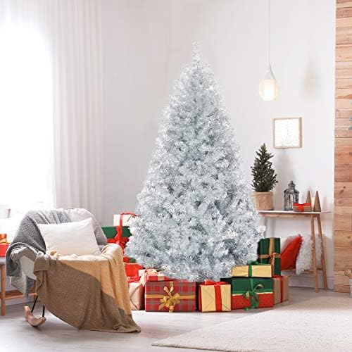 Happygrill 6FT Silver Christmas Tree Artificial Hinged Tinsel Xmas Tree with Metal Stand, 1036 Branch Tips, Holiday Decoration Tree for Indoor and Outdoor