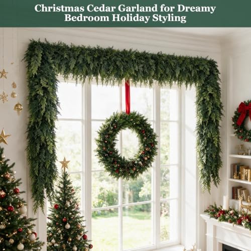 9FT Christmas Cedar Garland, Realistic Artificial Pine Greenery Garland with Flexible Wired Branches, Faux Holiday Garland for Mantle, Fireplace, Staircase, Table, Door, Indoor Outdoor Winter Decor