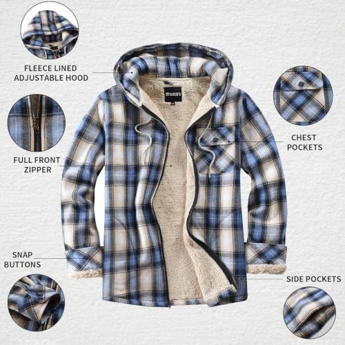 Elesuit Men's Full Zip Fleece Flannel Jacket Shirt Plaid Cotton Hoodie Coat