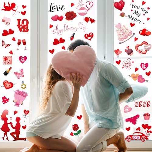 Valentines Day Decor Window clings 10 Sheet for Glass Windows Double-Sided Valentines Day Decorations Heart Window Decal