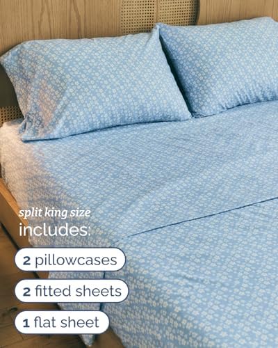 Split King 5 Piece Floral Sheet Set - Breathable & Cooling - Blue Meadow