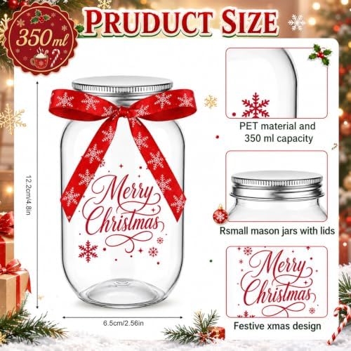 FillTouch 32 Set Christmas Mason Jars 12oz Plastic Jars with Lids Ribbons