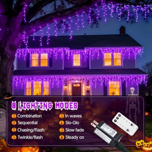 JMEXSUSS 38.8 FT 400 LED Purple Halloween Icicle Lights Outdoor