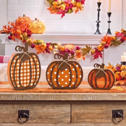3 Pcs Fall Pumpkin Decor, Wooden Autumn Fall Decorations for Home