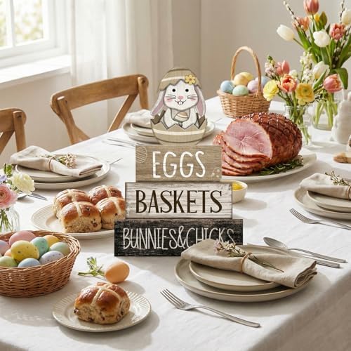 Lineshading 4 Pcs Wooden Farmhouse Tiered Tray Decor Rabbit Egg Signs