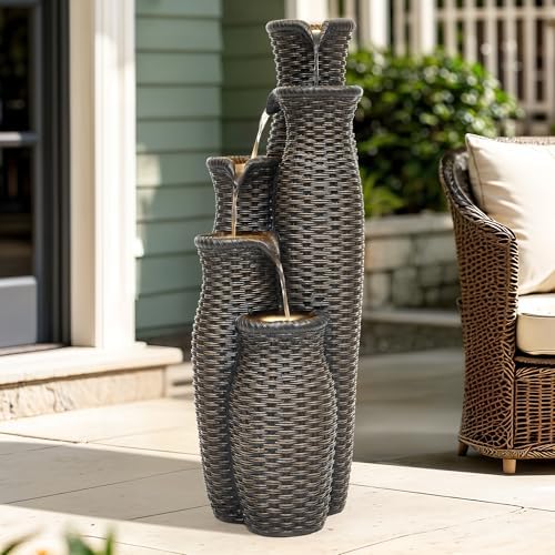 AUTODAYA 5-Tier Faux Rattan Vase Water Fountain Outdoor with LED Lights