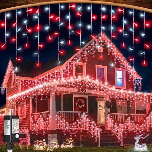 33ft Red and White Icicle Lights for Outside, 400 LED Christmas Lights