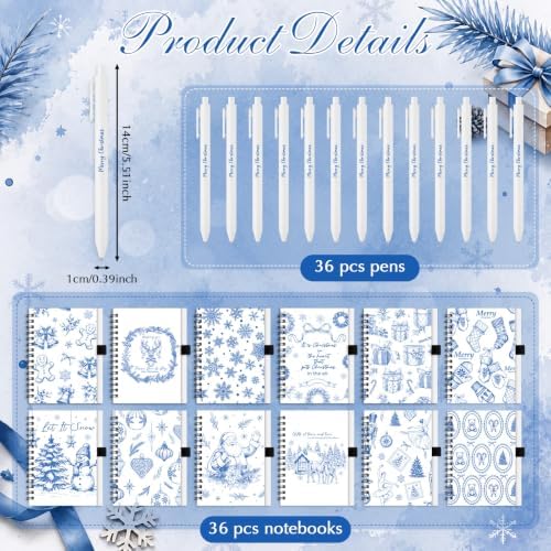 Gueevin 72 Pcs/36 Set Inspirational Notebook Pen Gifts Bulk, Blue Xmas
