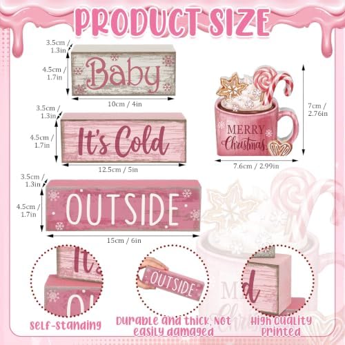 Moucuny 4 Pcs Pink Christmas Table Decor Wooden Hot Chocolate Cocoa Decor