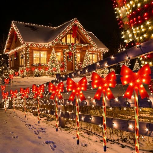 Outdoor Christmas Decorations Solar Pathway Lights, Set of 5 Red Bow Candy Stake Lights, Waterproof Solar Christmas Lights for Holiday Display Yard Garden Lawn Winter Party Xmas Decor