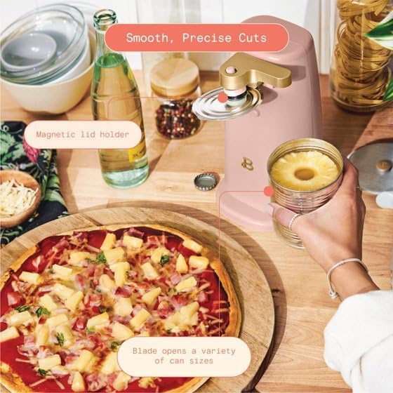 B'eautiful Easy-Prep Electric Can Opener with 70-watt motor effectively, Auto-turn & One-Touch Operation Built-in knife sharpener and bottle opener by D'rew Barry'more (Rose)
