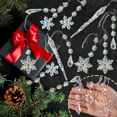 Crystal Christmas Tree Ornaments, 80pcs Iridescent Acrylic Snowflake Icicle