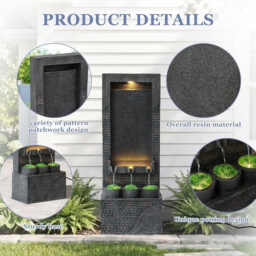 Grepatio 39" Tall Outdoor Water Fountain, Indoor Water Feature Cascading Wall with 5 LED Lights, Large Outside Resin Wtaerfall Fountains for Garden, Yard Patio Home Decor, Natural Stone Look, Gray