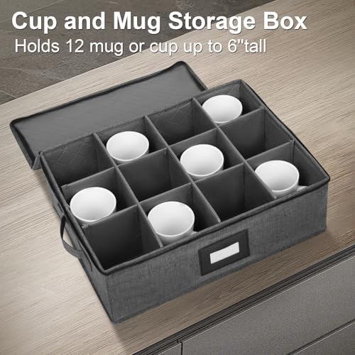 Mug Storage Box with Dividers 2 Pack, Hard Top Cup Storage for Coffee Mug