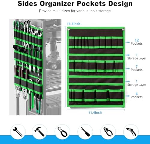 JUNNUJ Power Tool Organizer Cart with Charging Station, 10 FT Cord, Green