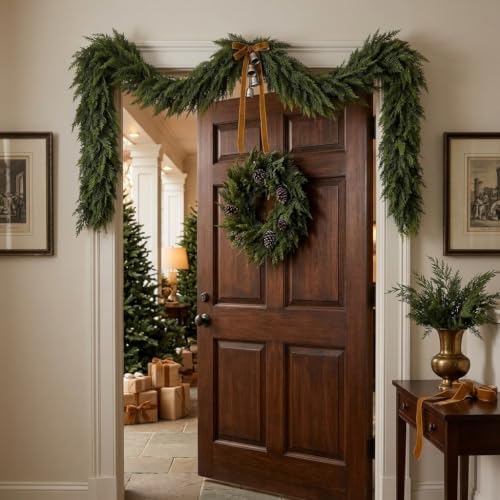 12Ft Christmas Garland,Real Touch Cedar Garland,Realistic Faux Pine Garland