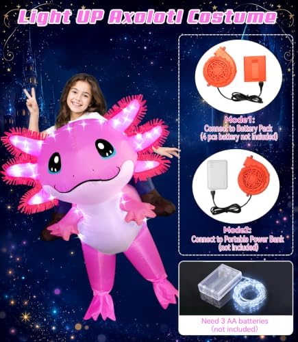 Stegosaurus Inflatable Axolotl Costume for Kids with LED Lights, Ride-On Blow Up Halloween Cosplay Outfit for Girls and Boys