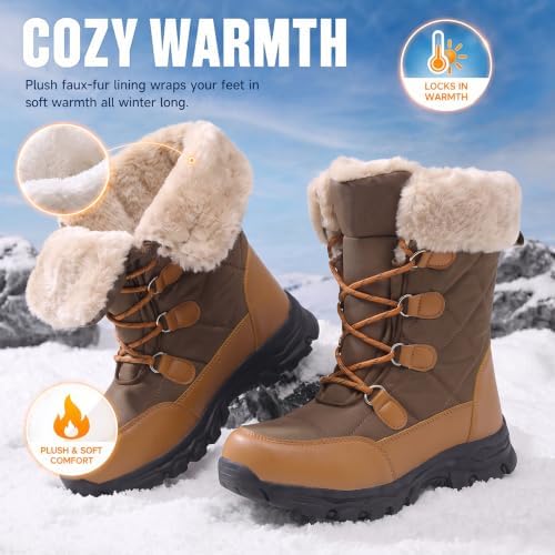 Women's Snow Boots Winter Water-Resistant Faux Fur Lined Warm Outdoor Lace Up Mid-Calf Booties Deep Tread Rubber Sole