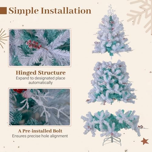 HAPPYGRILL 7FT Pre-lit Artificial Christmas Tree, Hinged Xmas Tree w/ 855 Snow Flocked Branch Tips, 350 Warm White LED Lights, White Twigs, Red Berries, Metal Stand