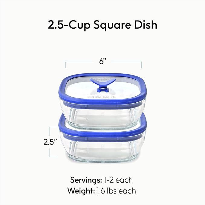 Anyday 2 Pack 2.5 Cup Microwavable Glass Lunch Containers (Blueberry) | Microwave Safe Bowls with Glass Lids, Food Storage, Bento Box Meal Prep Container
