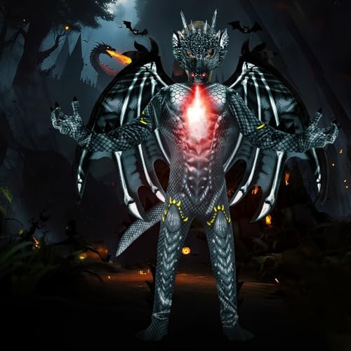 digi Dragon Costume for kids,Halloween costume Scary Goblin Dragon Full Body Jumpsuit with Wings Tail Spikes for boy 4-12
