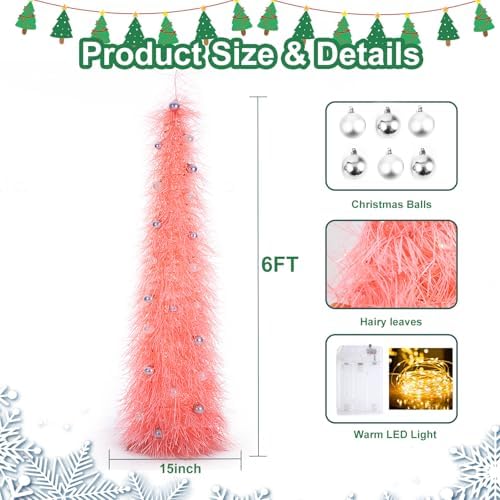 Christmas Tree 6FT Artificial Xmas Decor Pop Up with Decoration Pink