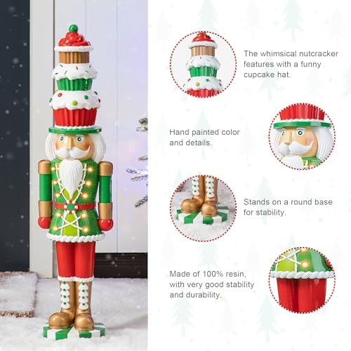 Glitzhome 28''H Lighted Resin Christmas Nutcracker with Cupcake Hat Porch Decor with Timer, Xmas Winter Patio Front Porch Indoor Outdoor Home Standing Decor