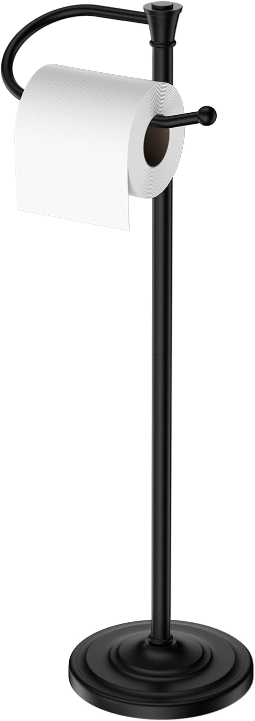 Toilet Paper Holder Free Standing, 25” H Stainless Steel Black Toilet Paper Stand, Weighted Base Floor Tissue Roll Holder for Bathroom,Toilet Roll Stand
