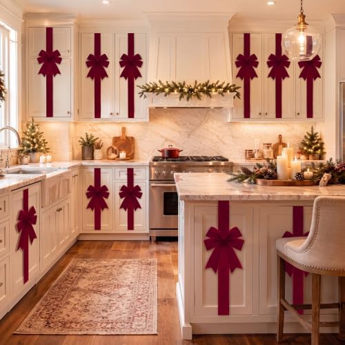 Daifunli 9 Pcs Burgundy Velvet Christmas Cabinet Bows Ribbons for Kitchen