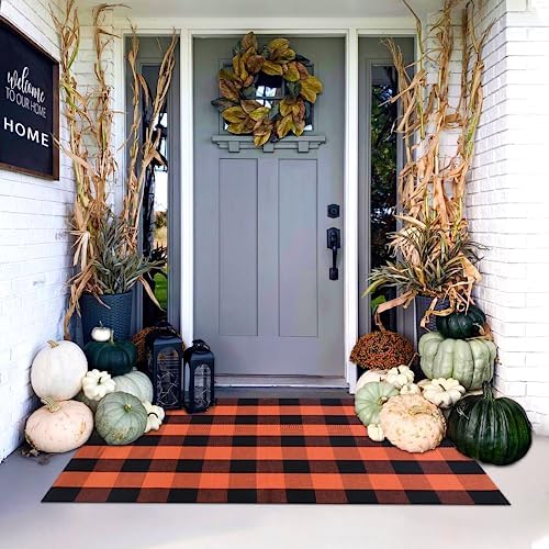 Orange and Black Plaid Rug, 3' x 5' Fall Outdoor Front Door Decor Mat, Cotton Washable Hand-Woven Rug for Layered Doormat, Autumn Halloween Thanksgiving Carpet for Porch, Entryway