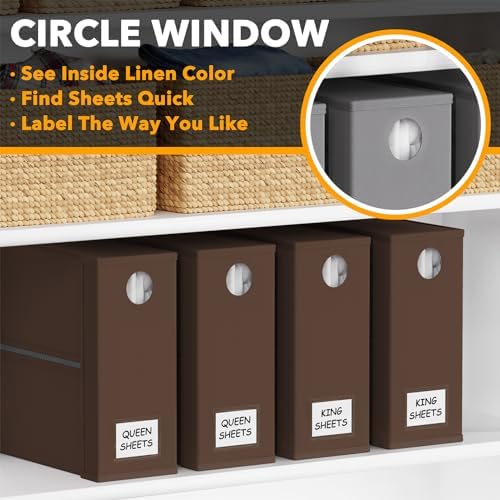 SpaceAid 4 Pack Bed Sheet Organizers and Storage, Foldable Sheet Organizer for Linen Closet, Sheets Set Folder Keeper with Window XL (Queen & King Size) Bedding Container (Brown, 4 Pack)
