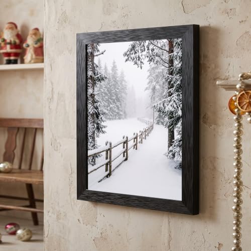 Framed Winter Fence Canvas Wall Art, Winter Scene, Black Frame Inch 24x36
