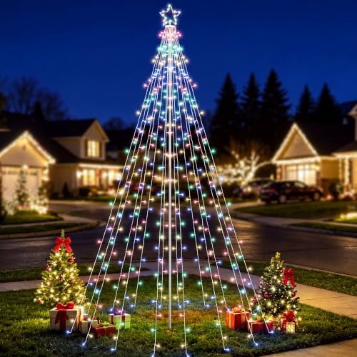 Outdoor Christmas Tree Lights with Pole, 10 FT, Warm White and Multicolor