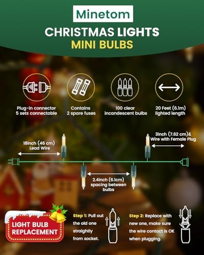 Minetom Clear Christmas String Lights 100 Count 20 Feet Incandescent Bulb