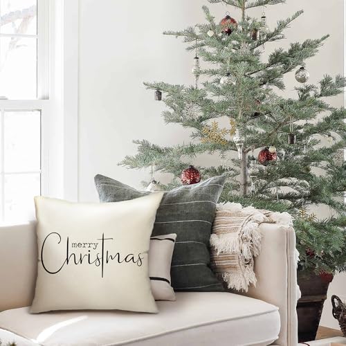 Allorry Christmas Pillow Covers Merry Christmas Throw Pillow Decorative Beige Cotton Cloth Linen Cloth Pillow Cover Sofa Cover Decorative Rectangle Length 18X18 inches