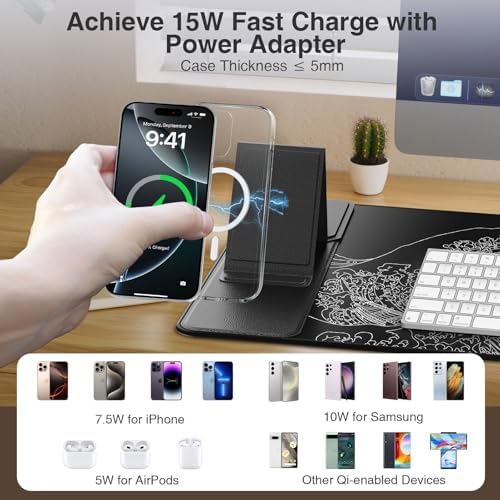 Wireless Charging Mouse Pad with Phone Holder, 31.5"x15.8" in, Black Wave