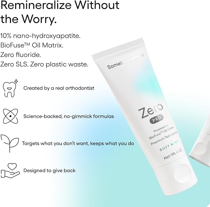Something Nice Zero Pro Toothpaste - 10% Nano Hydroxyapatite Toothpaste Fluoride Free with BioFuse Oil Matrix, Remineralizing, Whitening and Enamel Repair for Sensitive Teeth, Adults & Kids, Mint, 4oz