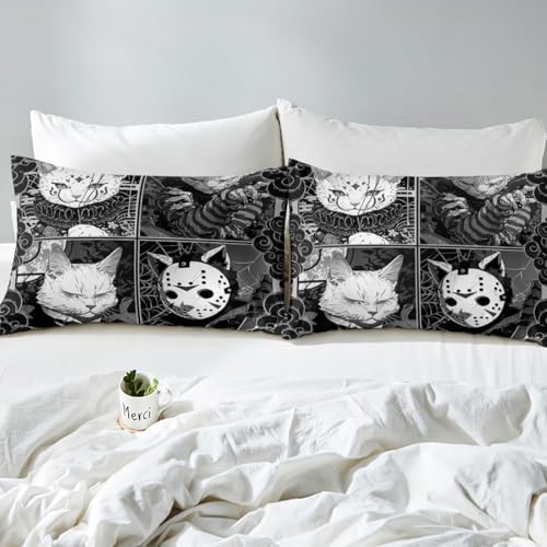 Cat Illustration Sheet Set,Kids Cartoon Cat Bed Sheets Set,Horror Style Bedding Set for Boys Teens Sheets Soft Room Decor Twin Size(1 Flat Sheet+1 Fitted Sheet+1 Pillowcase)