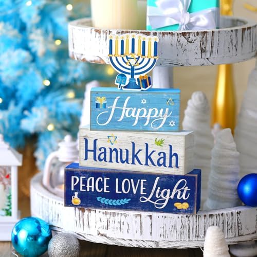 Moucuny 4 Pcs Hanukkah Table Decorations for Home, Wood Menorah Peace Sign
