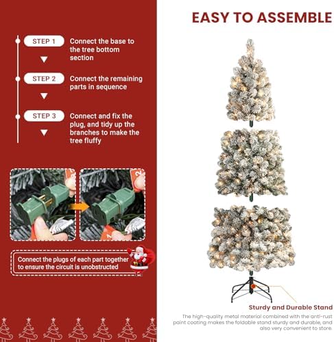 SHareconn 5ft Prelit Snow Flocked Artificial Slim Pencil Christmas Tree