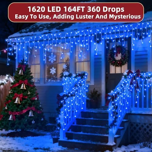 1620 LED Christmas Lights Outdoor 164 FT with 360Drops, Christmas Decorations Hanging Lights 12 Modes, Dimmable Outsite Fairy String Lights for Wedding Party Holiday Winter Wonderland Decor Blue