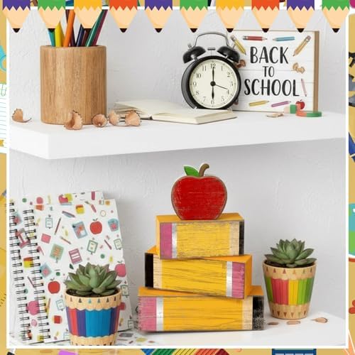 Lineshading 4 Pcs Back To School Table Decor Wooden Apple Block Signs