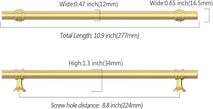 Asidrama 10 Pack 8.8 Inch(224mm) Brushed Gold Kitchen Cabinet Handles, Cabinet Pulls Kitchen Cabinet Hardware Cupboard Handles Drawer Pulls