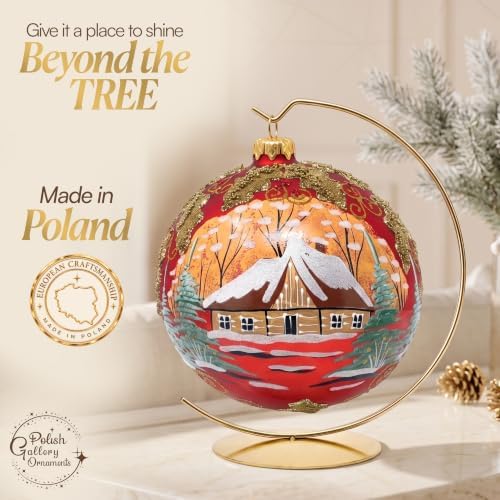 Hand Blown Glass Christmas Ornaments Ball, Gilded Mistletoe Red 6in + Stand