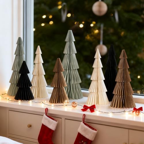 SUNBEUTY 8PCS Paper Christmas Trees, Neutral Honeycomb Christmas Tree, 3D Paper Trees, Christmas Tree Table Centerpieces for Home Xmas Tabletop Holiday Decor (Brown Black White Gray