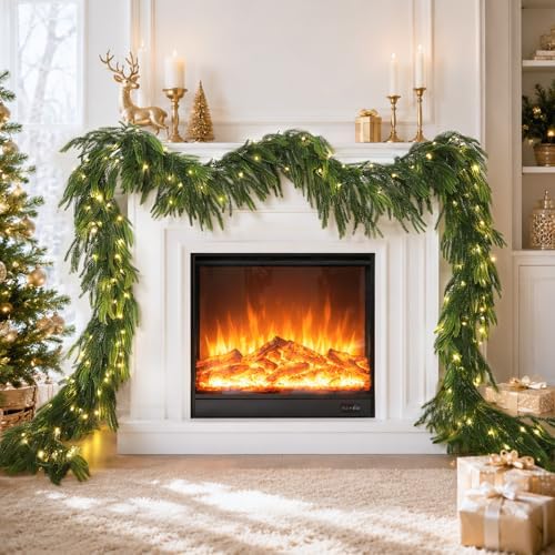 N&T NIETING 12FT Christmas Norfolk Pine Pre-Lit Garland with 100 LED Lights Real Touch Pine Garlands Prelit Garland Greenery Garlands for Table Mantle Fireplace Stairs Indoor Outdoor Xmas Decorations