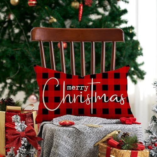 Allorry Christmas Pillow Covers Merry Christmas Throw Pillow Decorative Christmas Red and Black Cotton Cloth Linen Cloth Pillow Cover Sofa Cover Decorative Rectangle Length 12X20