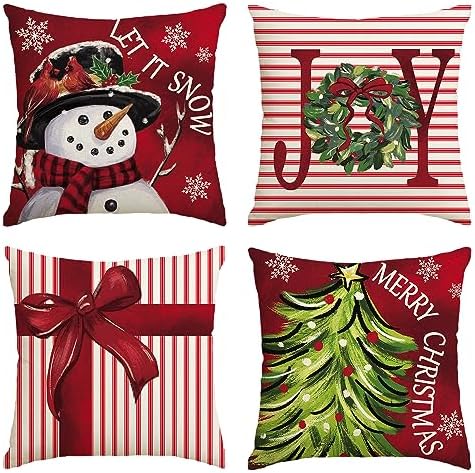 AVOIN colorlife Merry Christmas Let It Snow Joy Stripes Gift Box Red Throw Pillow Covers, 18 x 18 Inch Xmas Tree Holiday Cushion Case Decoration for Sofa Couch Set of 4